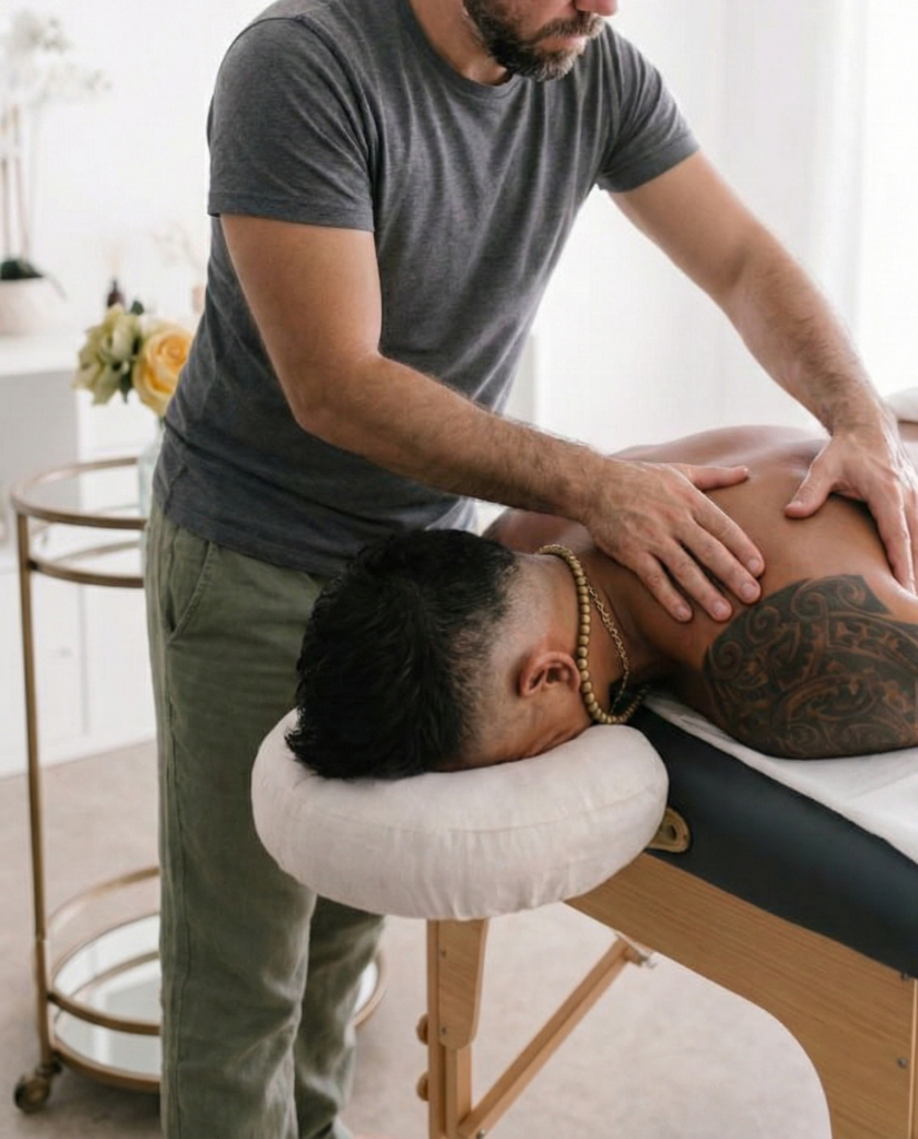 Swedish Flow – Professional Male Massage Experience Male massage therapist performing a Swedish Flow massage on a client lying face down on a treatment table in a calm spa setting, using long, flowing strokes along the back.